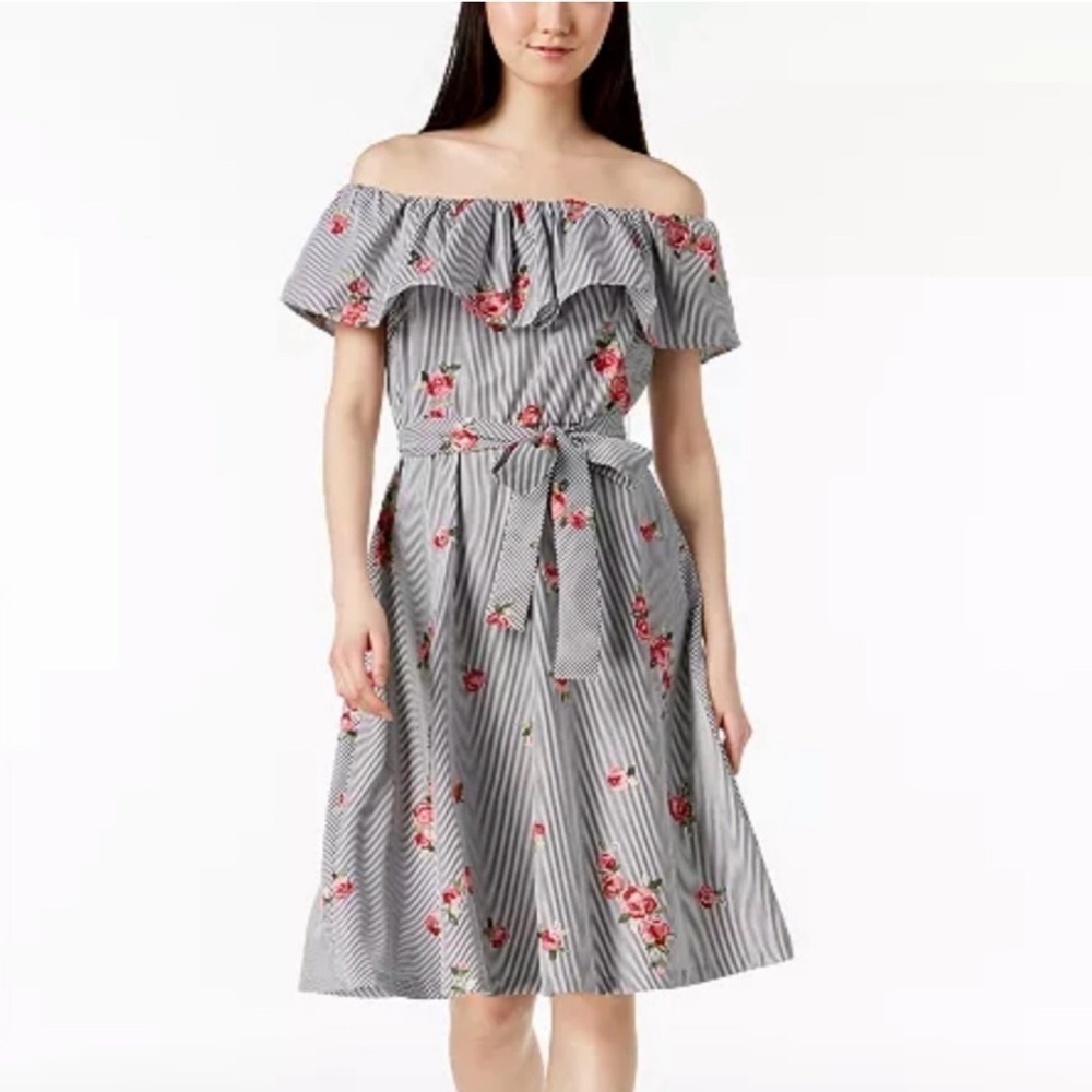 Calvin Klein Embroidered and Striped Off the Shoulder Dress Size 4